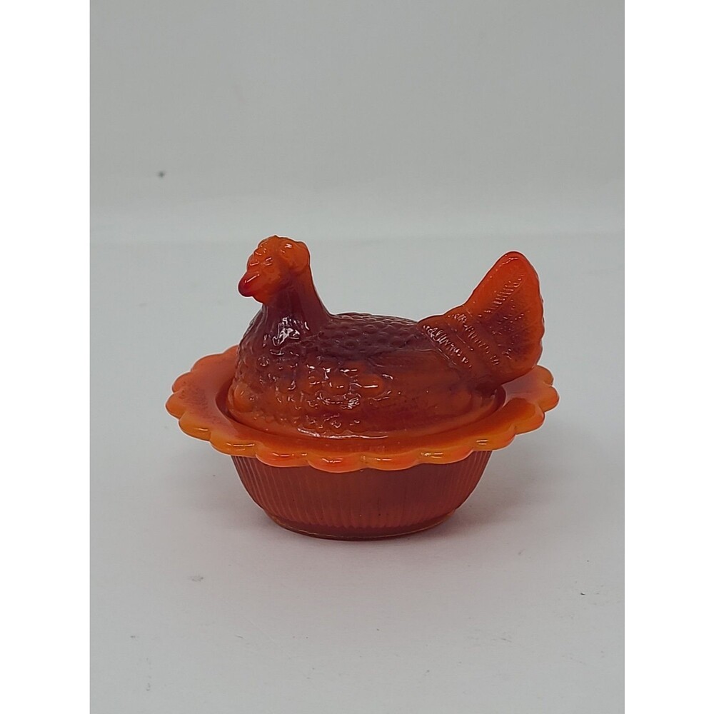 Vtg Mosser Mini Hen on Nest Orange Slag Glass Salt Cellar 3"